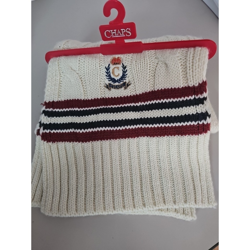 Chaps Cable Knit‎ Winter Scarf Logo Crest  Ivory Blue Burgundy Blend